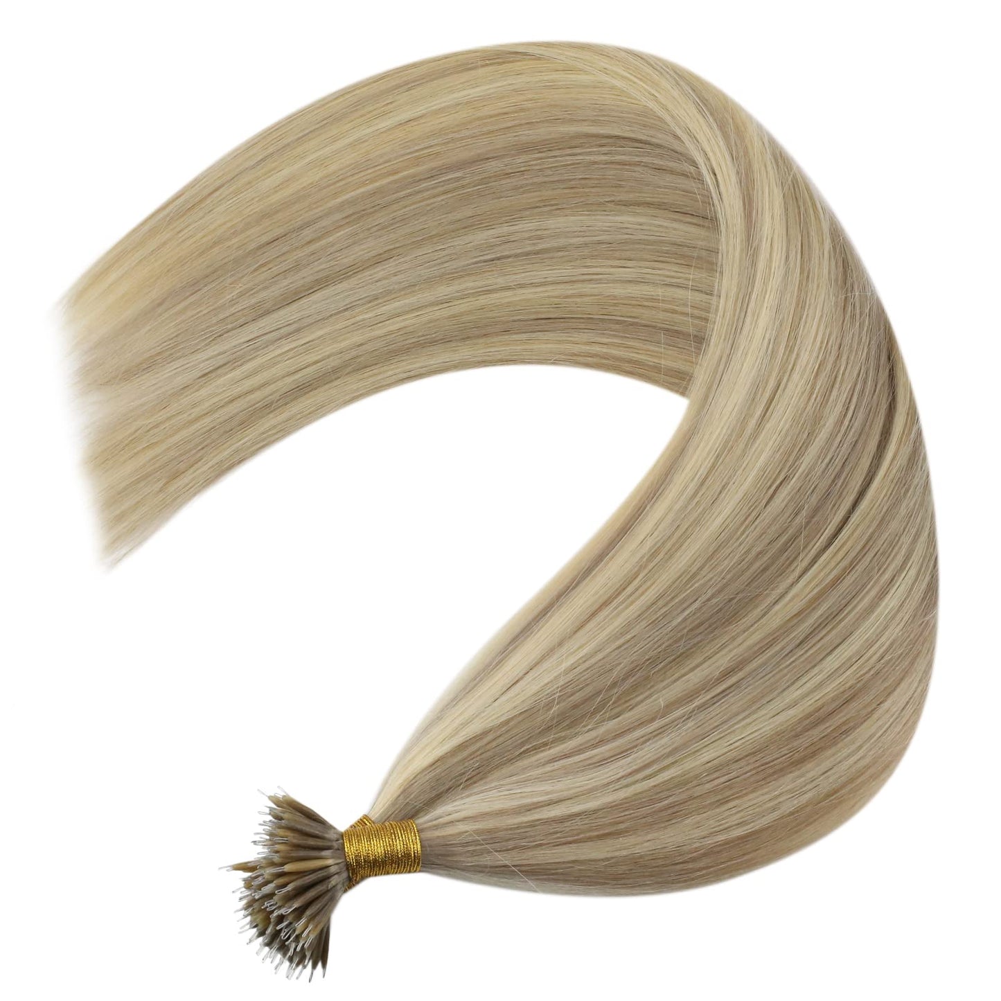 Easyouth Nano Extensions Human Hair Blonde Nanos Ring Hair Extensions Golden Blonde Highlighted Medium Brown Nano Beads Extensio