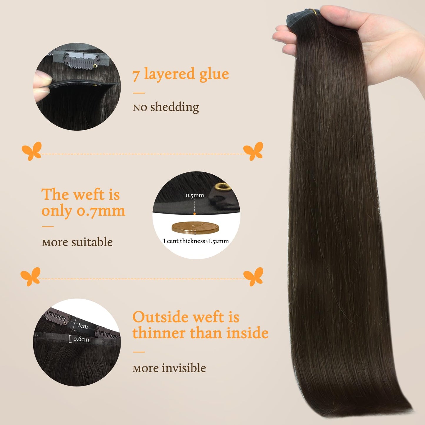 DOORES Seamless Invisible Edge Clip in Hair Extensions, Dark Brown 150g 7pcs 22 Inch, Clip in Human Hair Extensions Virgin Remy