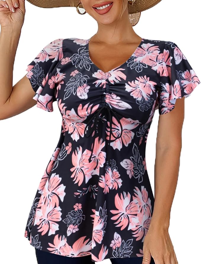 Fanuerg Women's Flowy Tankini Top Only Ruffle Sleeve Swim Bathing Suit Tops Modest Drawstring Swimsuit Top No Bottom