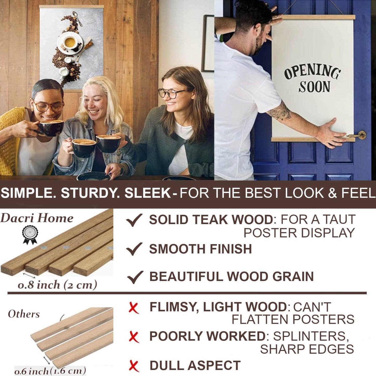 DACRI HOME 44" Magnetic Poster Hanger Frame - Sturdy Teak Wood Poster Frame, Strong Magnets for Safe Hanging Map Picture Print Scroll Wall Art 44x18 44x24 44x34 (44 Inch, Natural Wood)