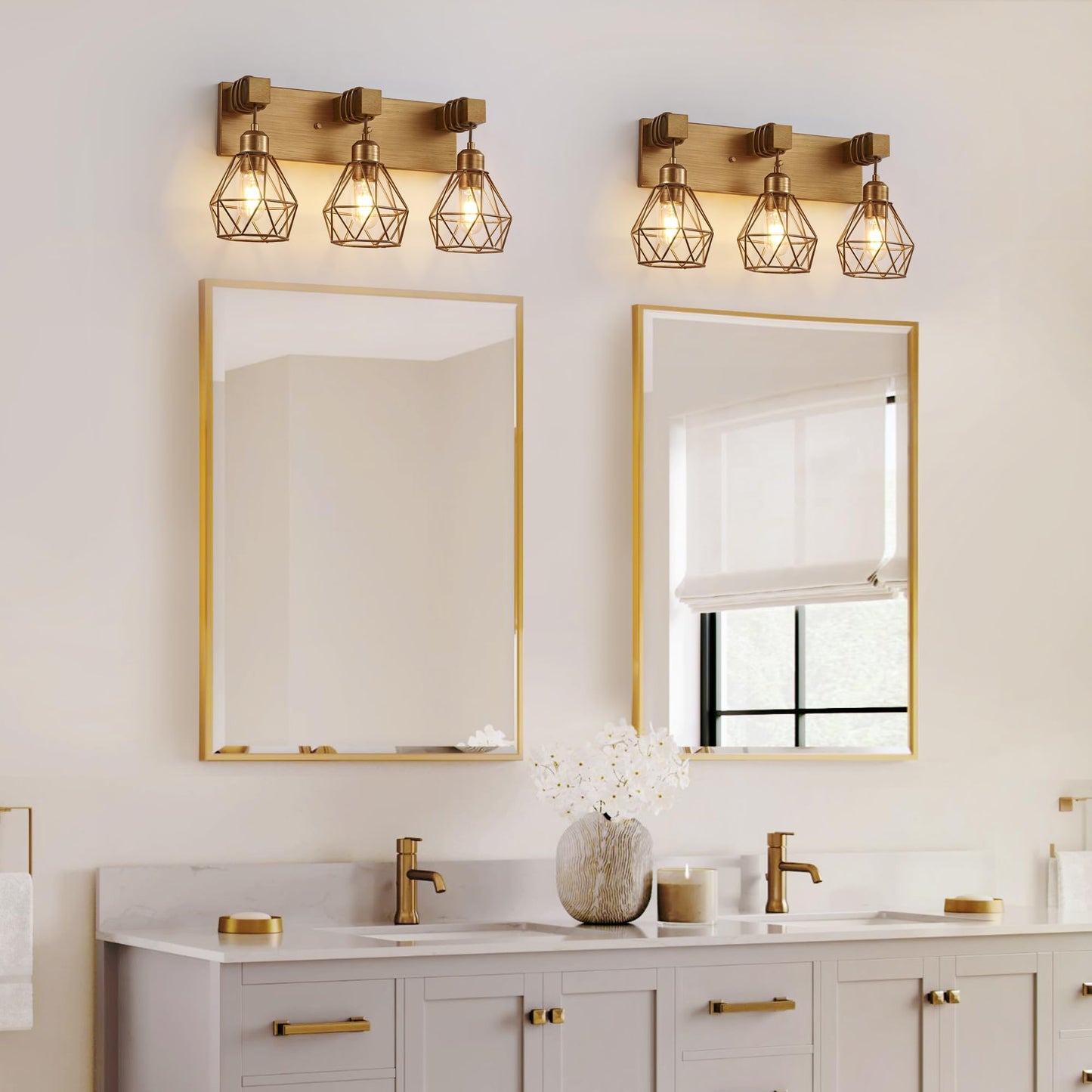 Gold Bathroom Vanity Light Fixtures  3-Light Gold Bathroom Light Fixtures Over Mirror  Sconces Wall Lighting With Elegant Metal Lampshade For Living Room  Bedroom  Hallway
