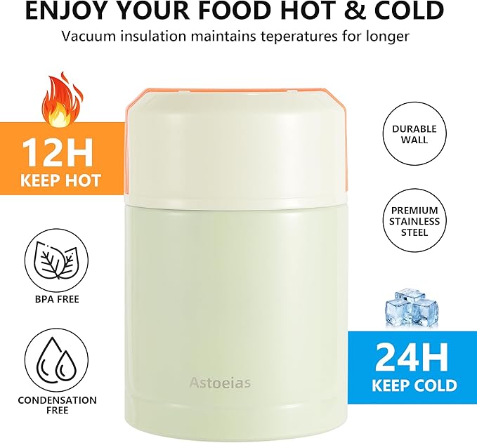 Insulated Thermo Soup Jar for Kids & Adults, 27 oz Stainless Steel Thermal Food Container with Spoon, Triple Layer Insulation (Green)