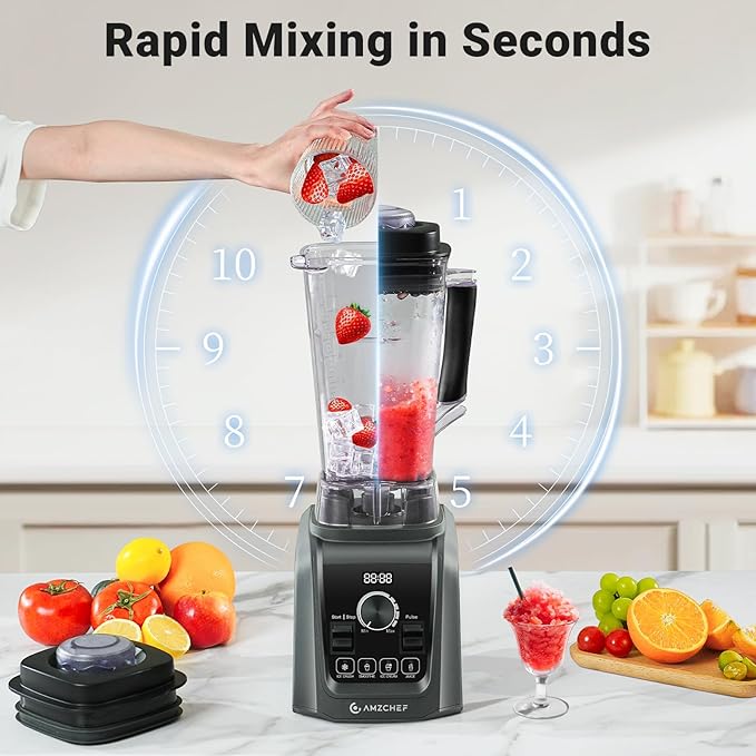 AMZCHEF Professional Blenders for Kitchen, 1800 W Smoothie Blender with Infinitely Variable Speed and 5 Functions, 68 oz Blender for Smoothies, Puree, Ice Crush, Ice Cream, Soup, Juice, Grey