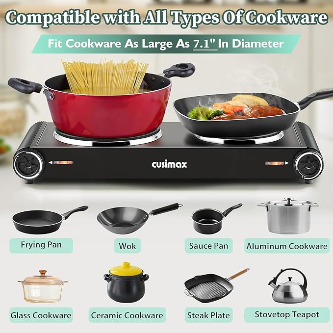 Cusimax Hot Plate,1800W Electric Stove Countertop Double Cast Iron Burner with Adjustable Temperature,7.4”+6.1” Portable Hot Plates for Cooking,Compatible for All Cookwares