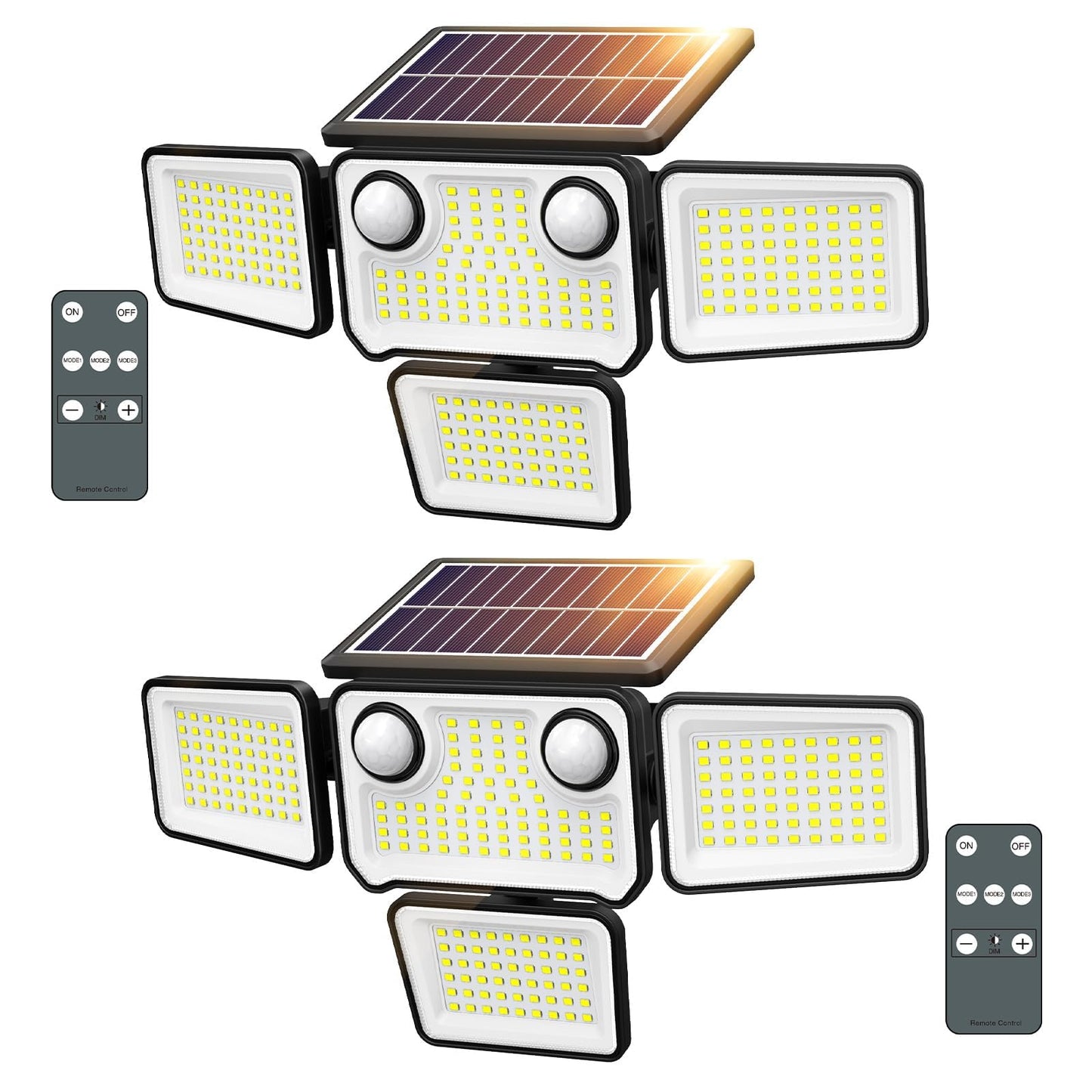 SZPOWER Solar Flood Lights Outdoor, 4500LM, 254 LED, 4 Heads, Motion Sensor, Remote Control, Black, Model SZC05AS4-TY, 2 Pack