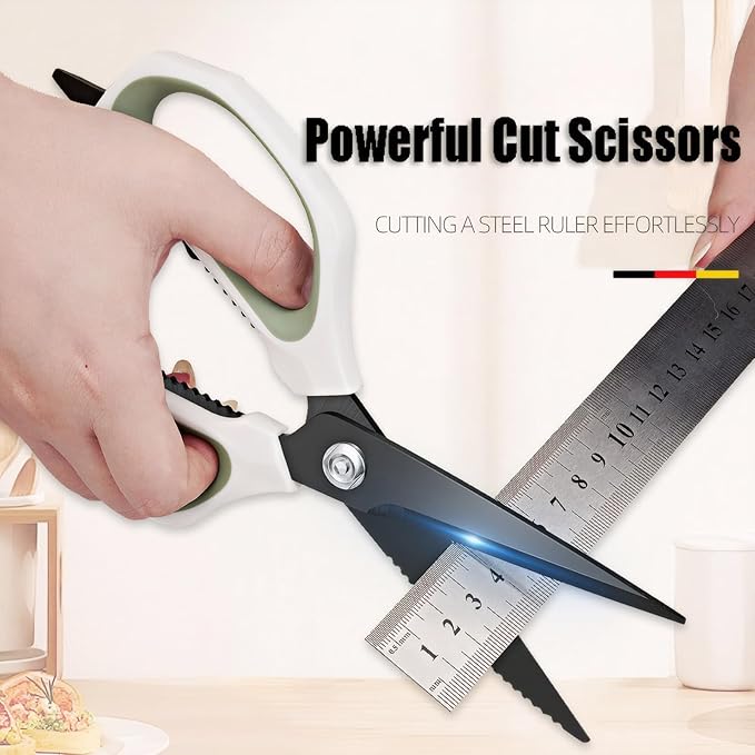 Jasni Transparent Handle Stainless Steel Sharp Powerful Kitchen Scissors Multi-Purpose Heavy Duty Food Scissors Kitchen Shears Chicken Poultry bone fish scales (Green white handle black blade)