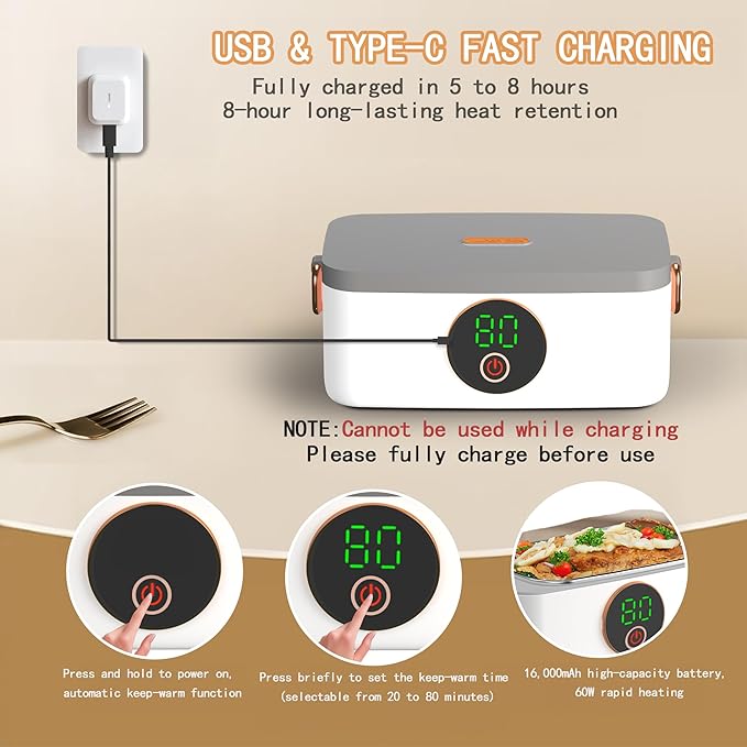 Portable Wireless Electric Heated Lunch Box for Adults,Heating Food Warmer Lunch Box,Rechargeable 16000mAh Battery,1000ml Capacity Inner Container,Lunchbox for Travel,Outdoor,Picnic,Office