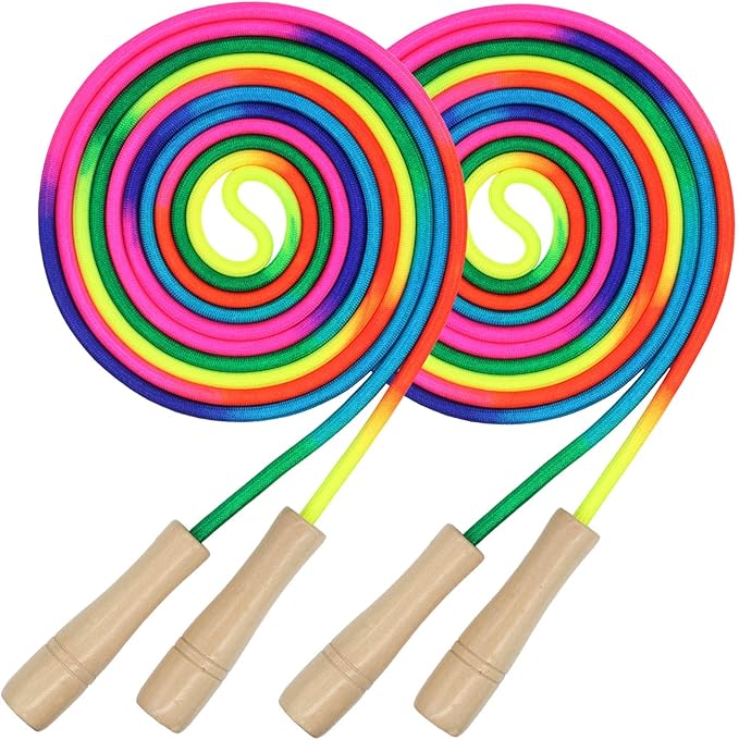 16 FT Long Jump Rope for Kids, 2 Pack Adjustable Double Dutch Skipping Rope with Wooden Handle, Multiplayer Rainbow Jumpin...