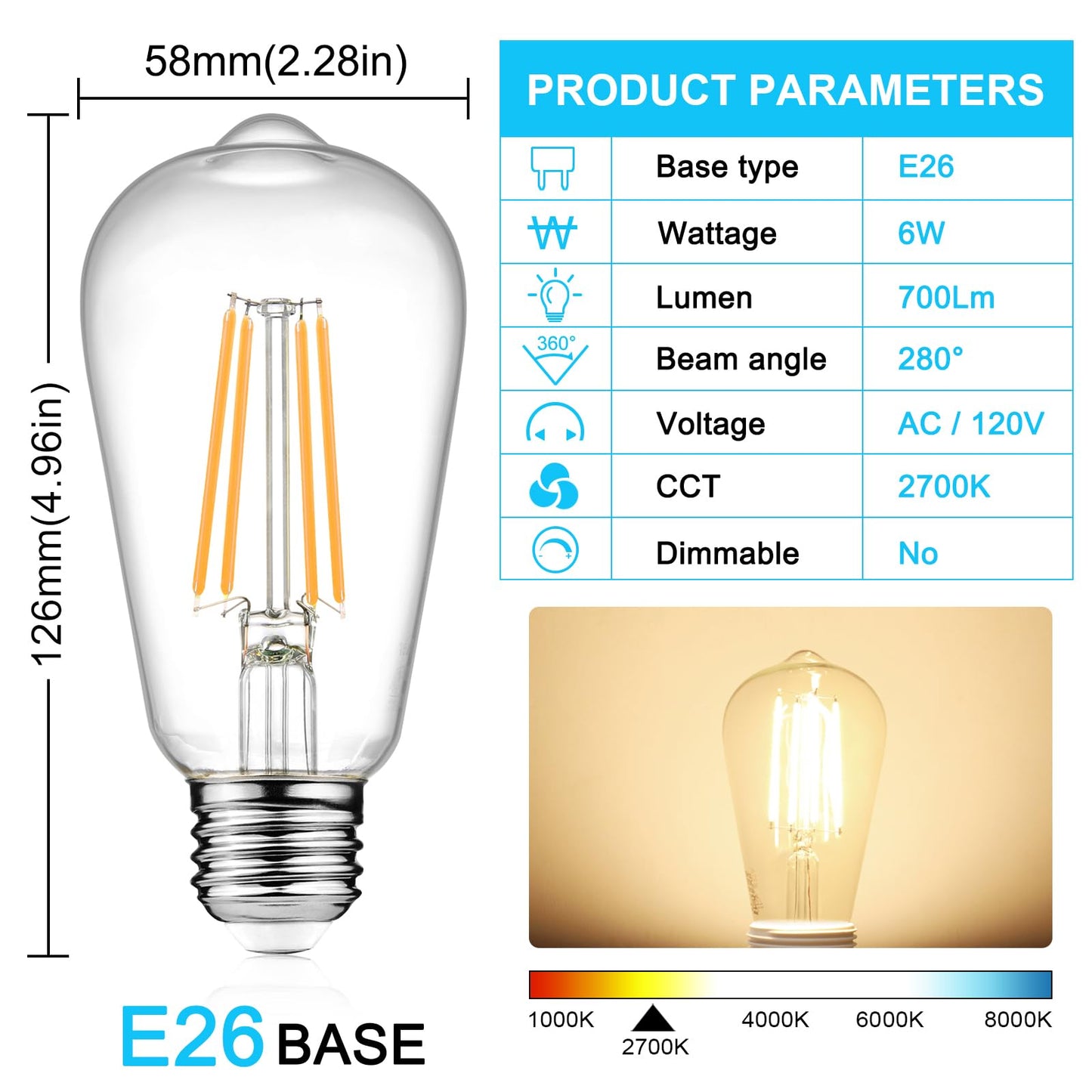 Ascher Vintage Led Edison Bulbs, 6W Equivalent, Warm White 2700K, Clear Glass, Pack Of 4, E26 Medium Base, Non-Dimmable