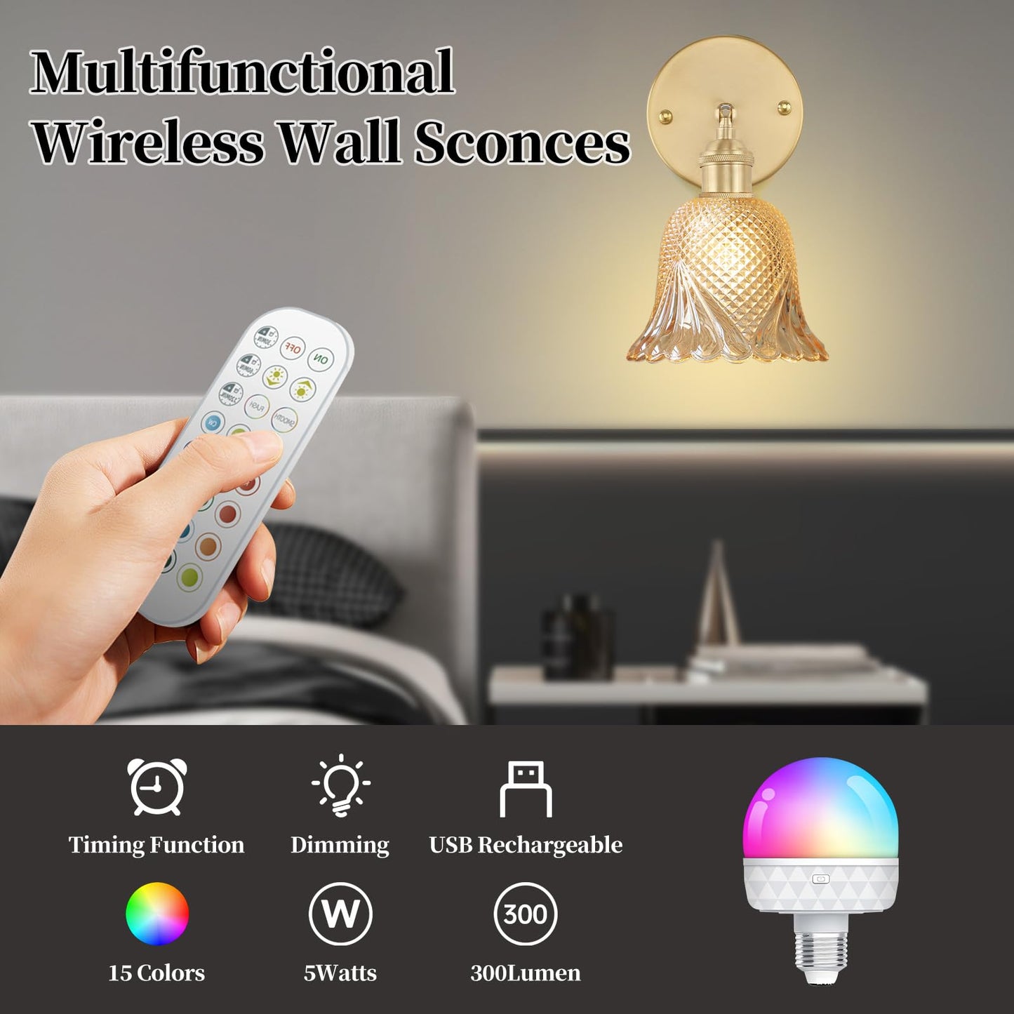 GEEZO Vintage Battery Operated Wall Sconce with Remote Control, Ripple Gold, Rechargeable, (1 pack), Model GEEZO-Y-9