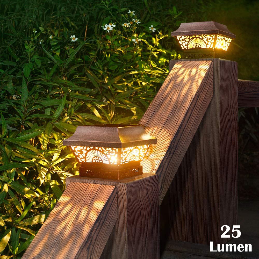 DenicMic Solar Post Lights 2 Pack, 25 Lumen Warm White LED, Waterproof Metal, Fits 3.5x3.5 to 5x5 Posts, Copper