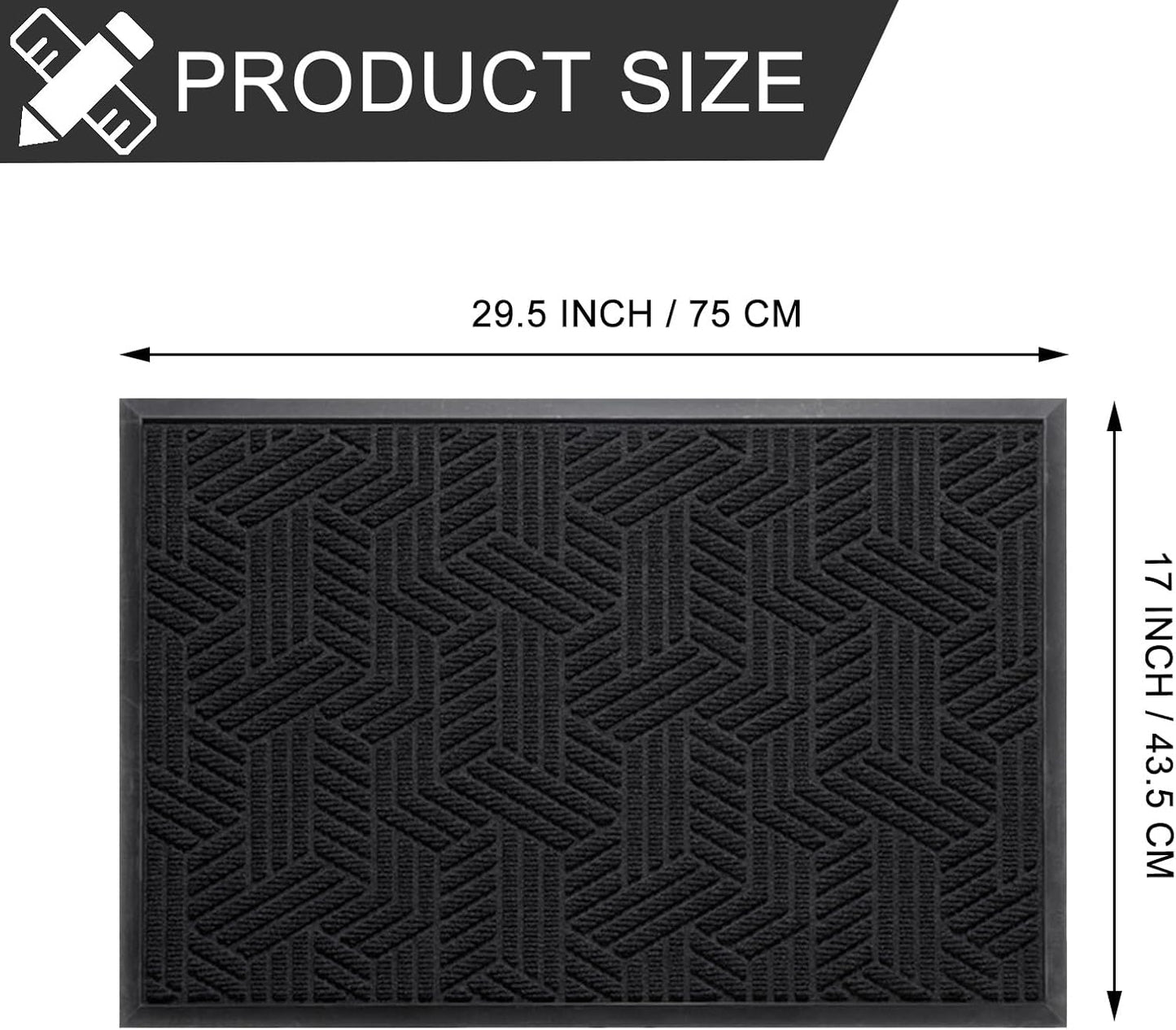Front Door Mat 29.5"x17" Indoors Outdoors Welcome Mats, Waterproof Non-Slip Rubber Backing Heavy Duty Doormat Outside Entrance, Low Profile Entryway Rugs Floor Mat for Patio, Pattern B Black
