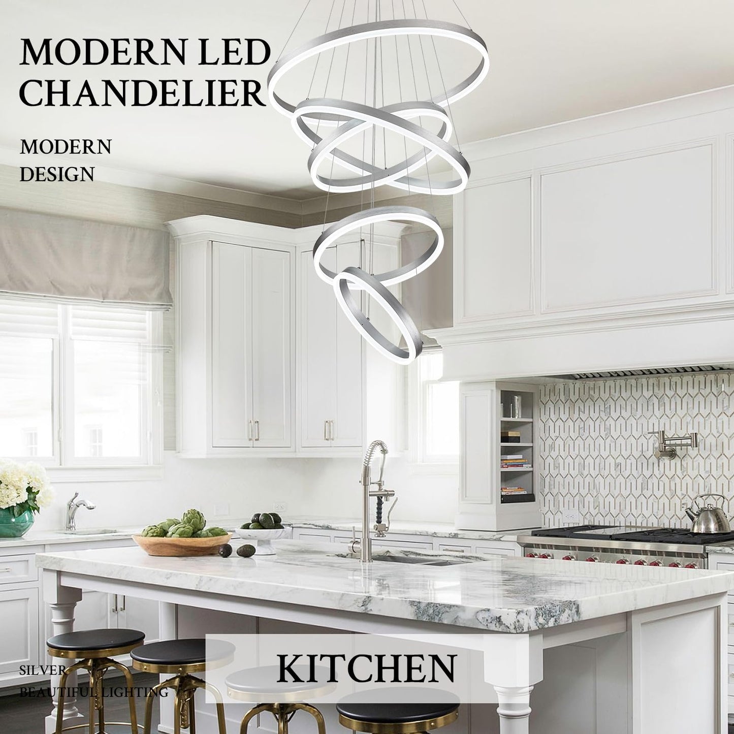 Sparklelf LED Chandelier, Dimmable Silver, 5 Rings 23.6in, Remote Control, Modern Design for Foyer, Dining Room, Living Room, Model SE-P60S