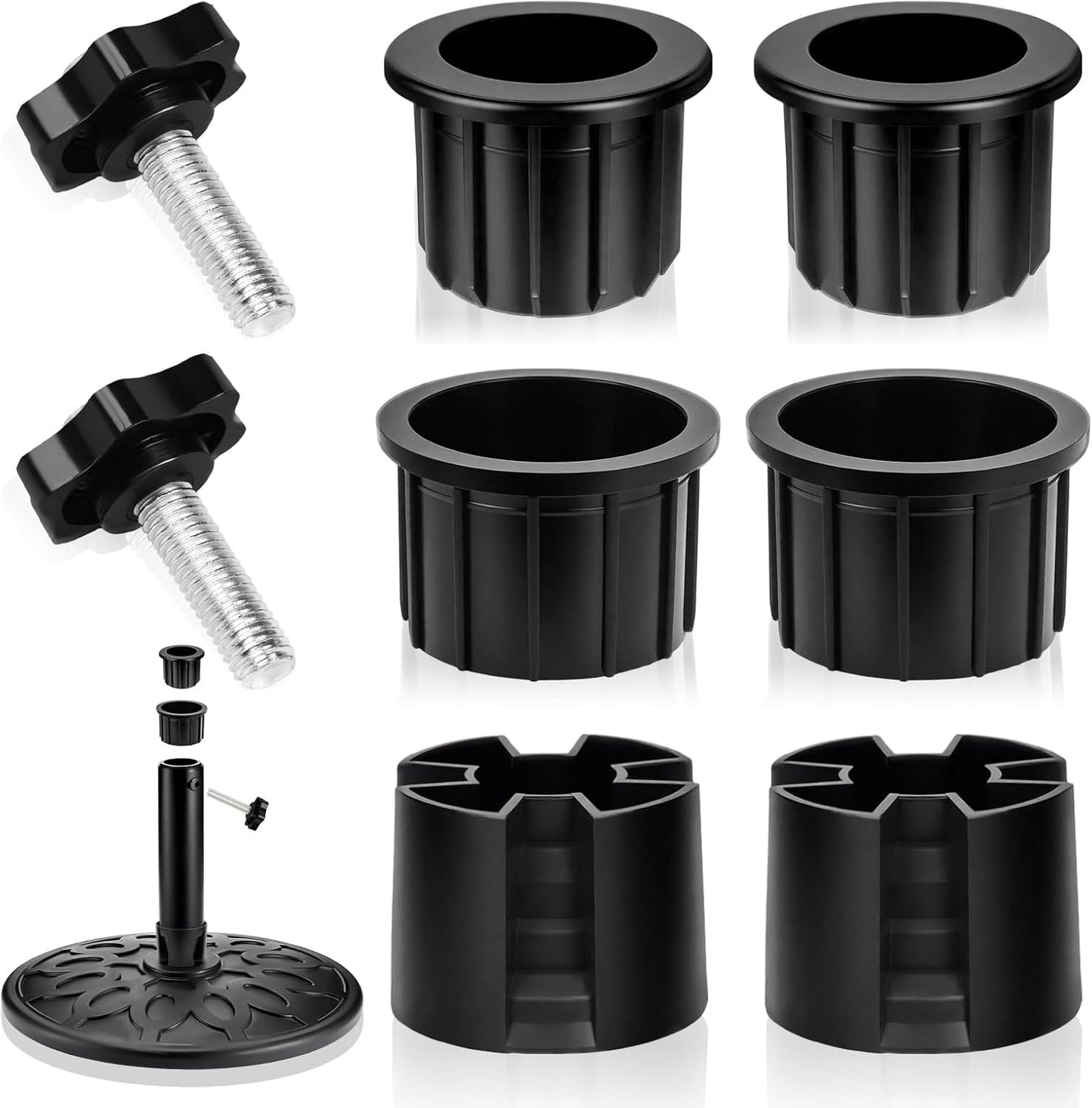 8 Pieces Set Outdoor Patio Umbrella Base Stand Hole Ring Plug Cover and Cap Replacement Parts, Umbrella Stand Base with M8 Thread Replacement Stabilizer Sleeve for Outdoor Patio Spaces, Black