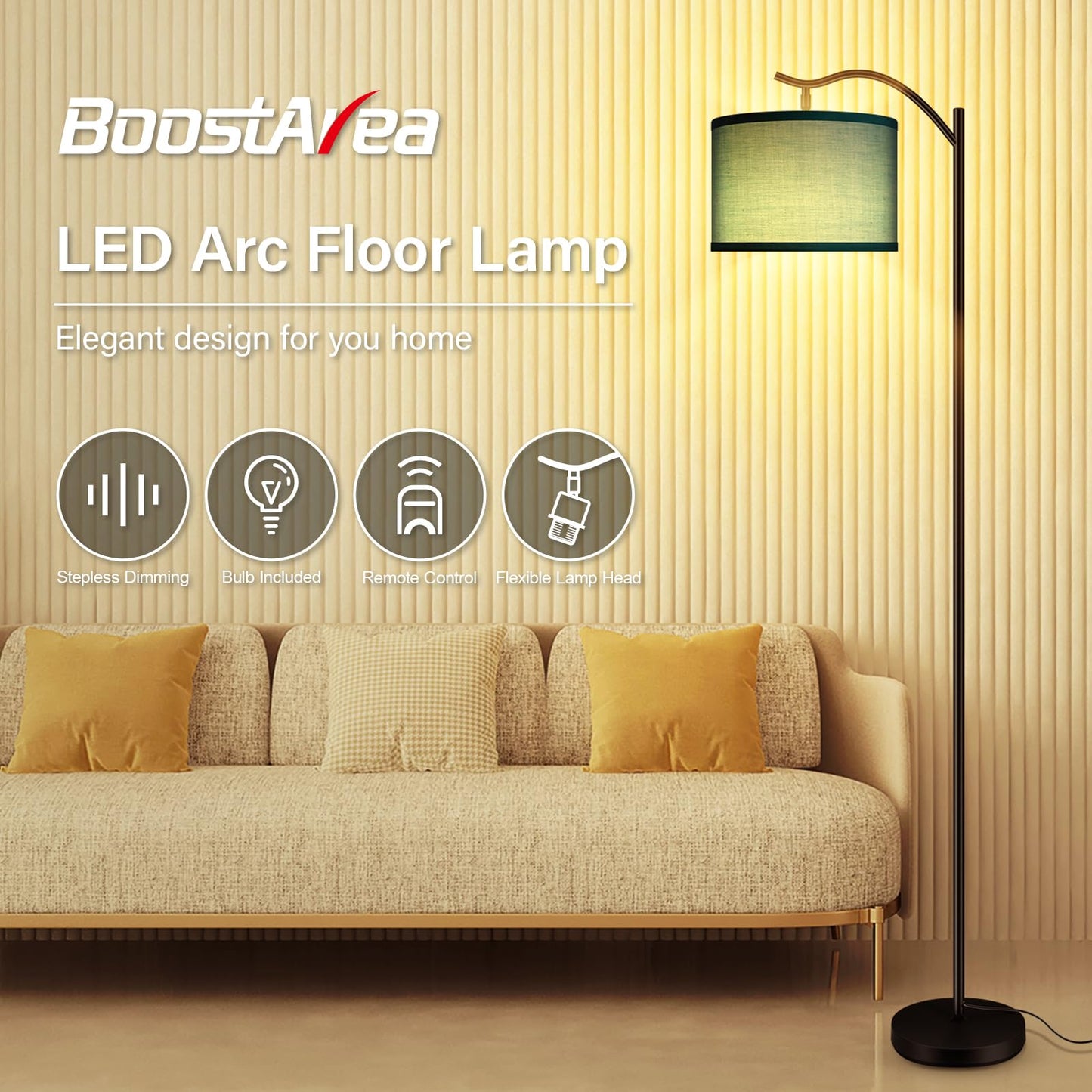 BoostArea Arc Floor Lamp, Remote Control, Stepless Dimmable, Green, Model B1369