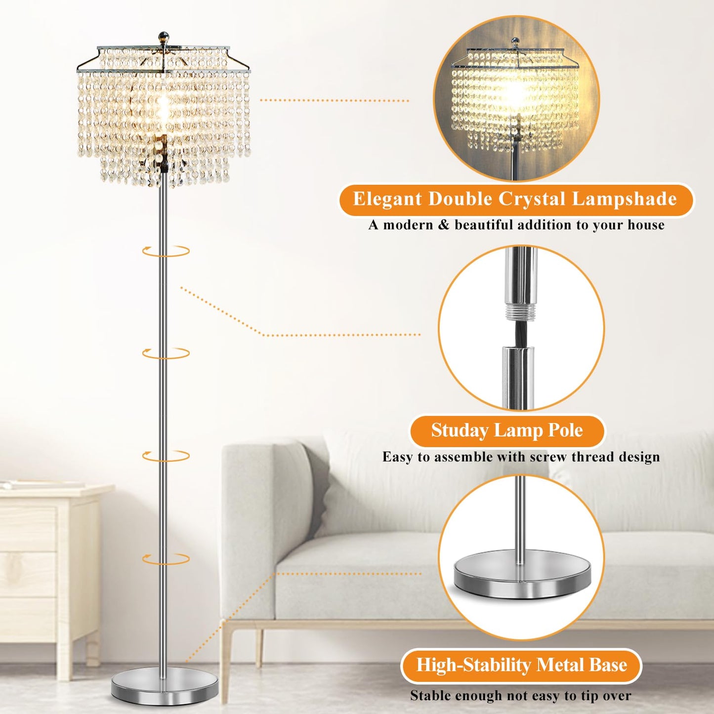 Luvkczc Silver Crystal Floor Lamp, Modern Design, Double-Layer Lampshade, On-Off Foot Switch, 8W Bulb Included