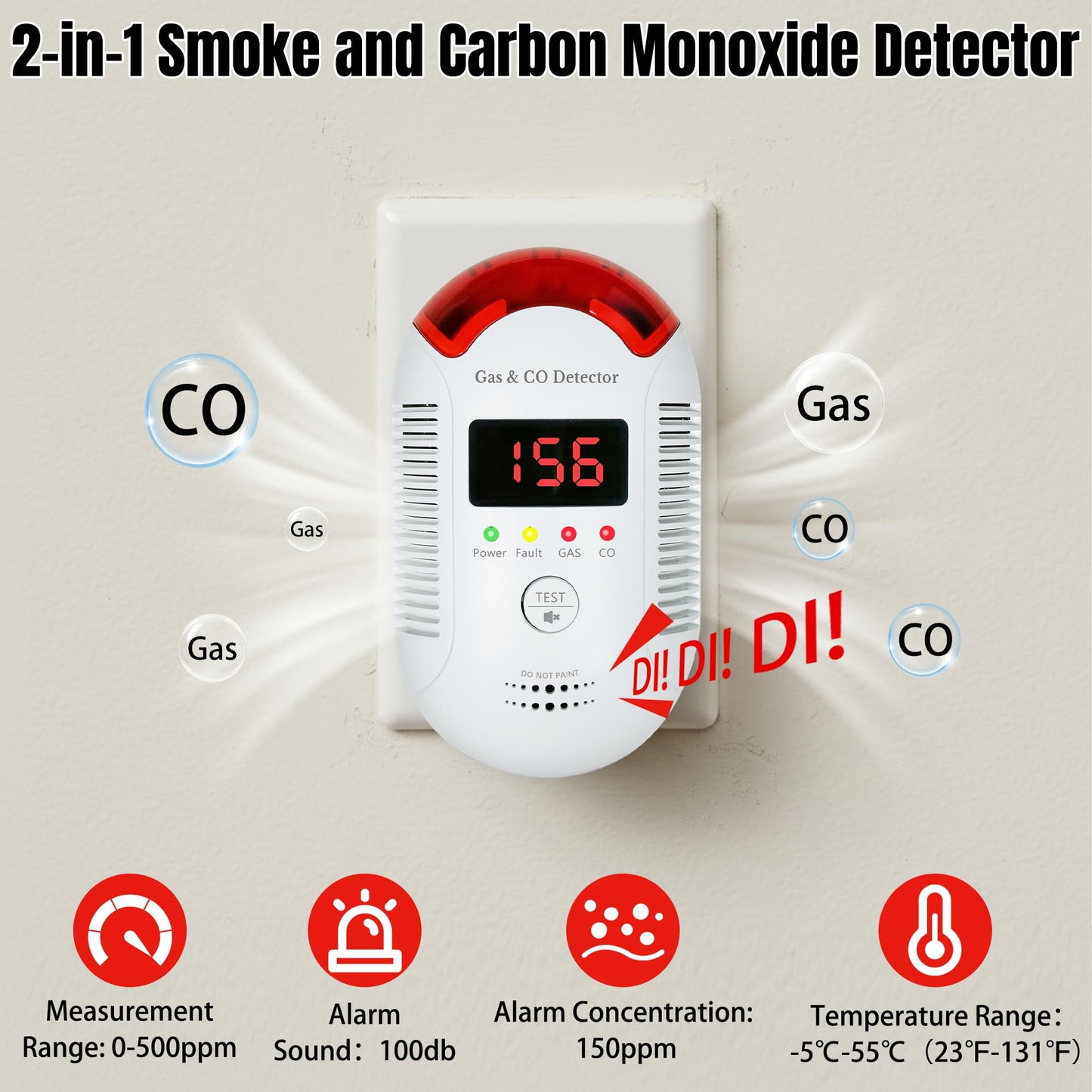 GQIRIL Gas and Carbon Monoxide Detector - Natural Gas Leak and Smoke CO Detector Portable Plug in, 2-in-1 Carbon-Monoxide Combination Alarm with Light - Natural for Home Kitchen Car RV Travel, 2Pack