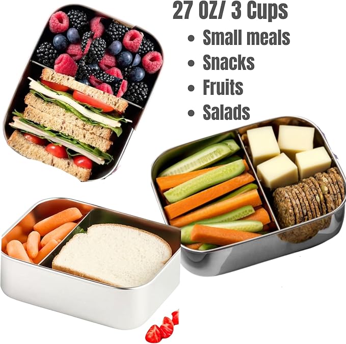 Flexibento - Leak proof Stainless Steel Lunch Box | Stainless steel bento box | Lunch Containers with Lids Meal prep| Snack Containers |Metal lunch Box|Small|1 * 27 oz + 2 * 6.5oz