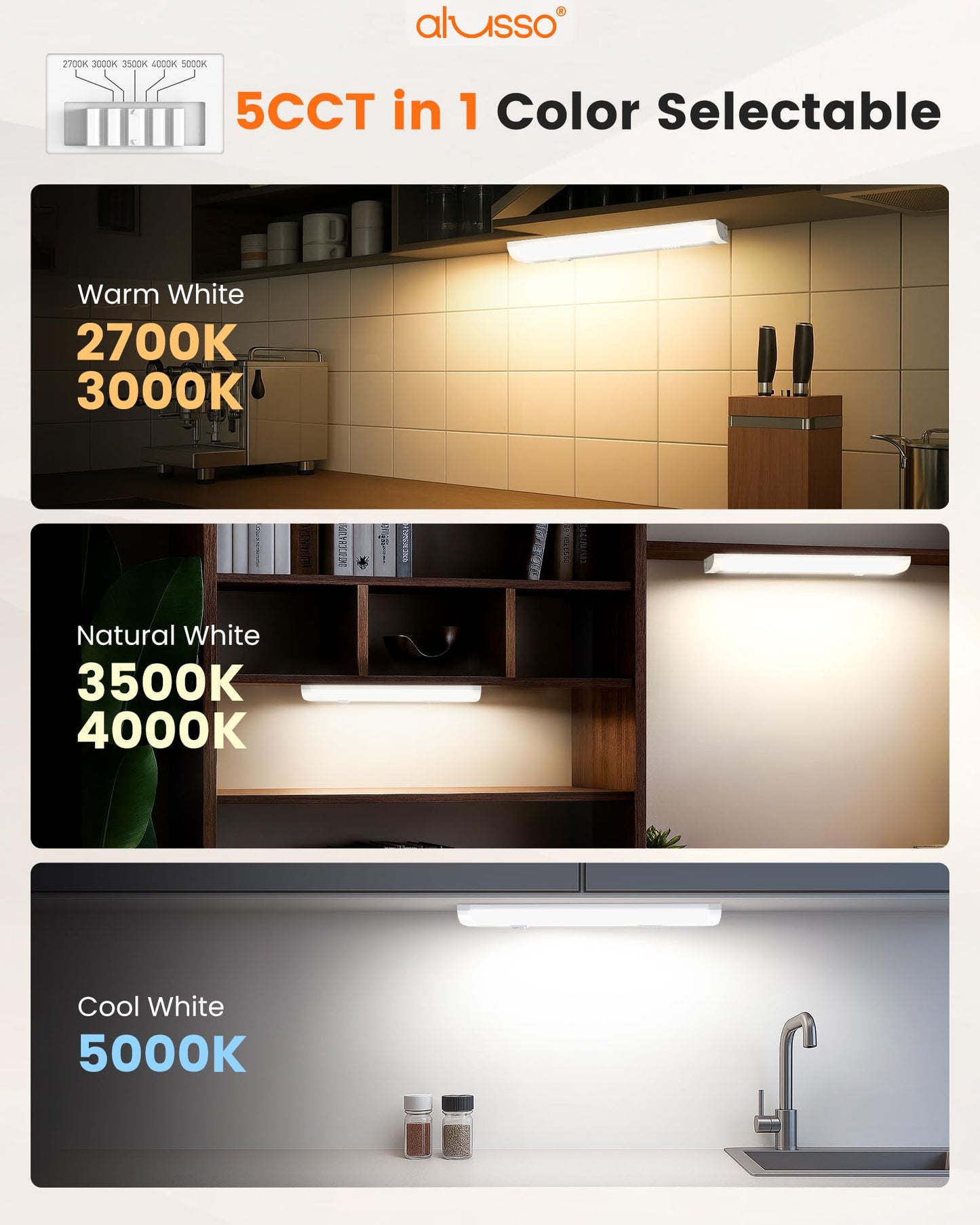 Alusso Lighting?12 Inch Led Under Cabinet Lighting Hardwired & Plug In  5Cct Color Selectable 2700K-5000K Dimmable 6W 510Lm High Brightness  Linkable Strip Under Counter Lights For Kitchen  2 Pack