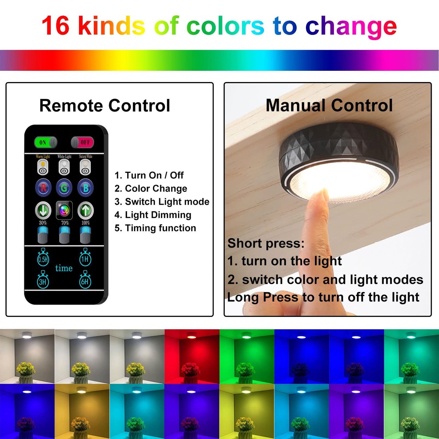 Onumii Battery Operated Puck Lights with Remote - Color Changing, Timer, 2 Pack, Black, Model 5#-F-22-02