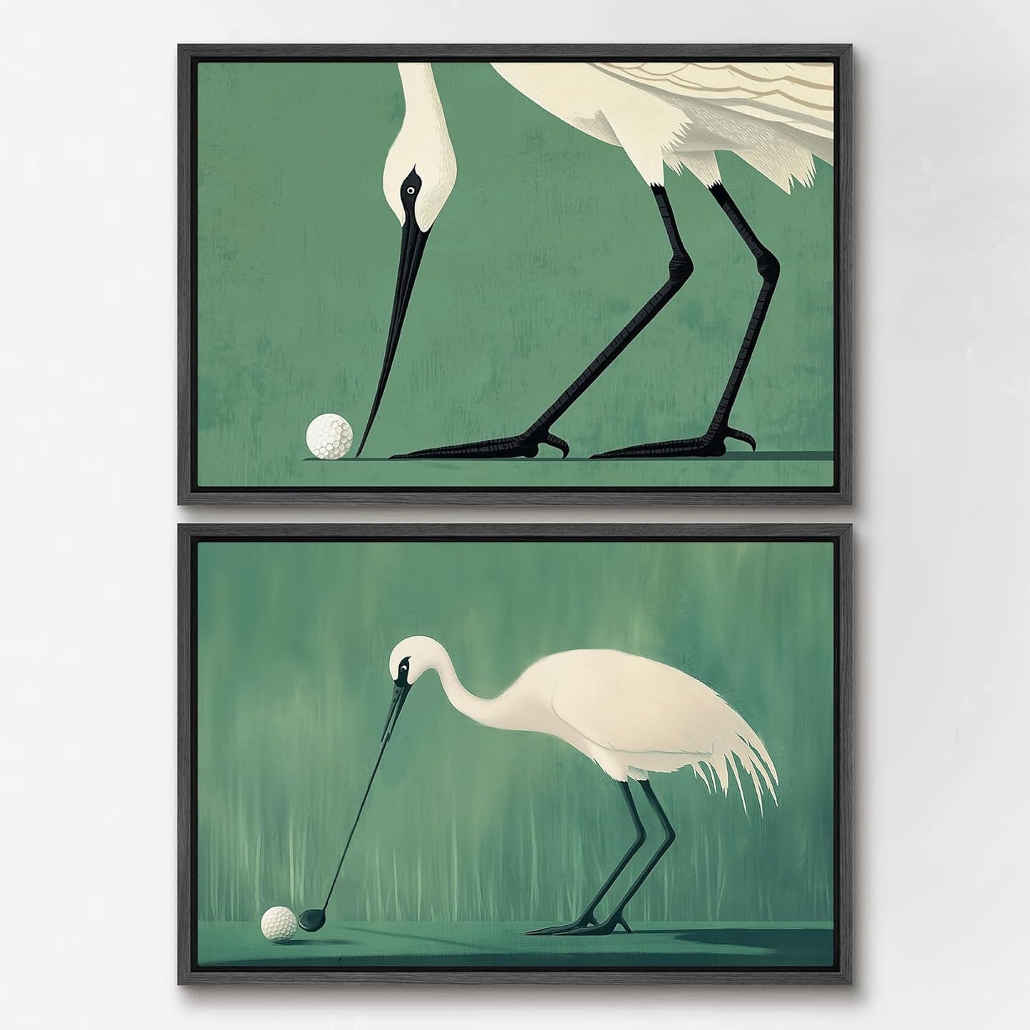 SIGNWIN Framed Canvas Print Wall Art Set Funny Crane Playing Golf Whimsical Bird Illustrations Modern Art Rustic Minimal for Living Room, Bedroom, Office - 24"x36"x2 Black