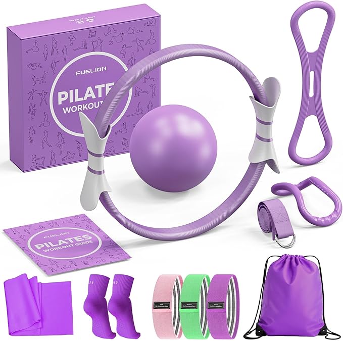 Fuelion Pilates Ring Set for Women, Home Workout Pilates Equipment with Resistance Bands, 14'' Magic Circle, Mini Ball, Pi...
