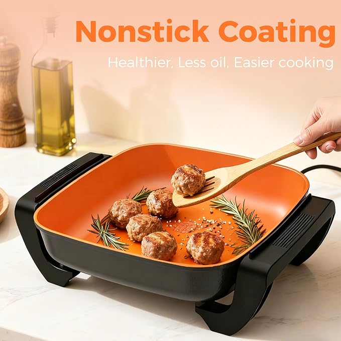 OSTBA Electric Skillet and Frying Pan with Glass Lid, 12"x12" Copper Nonstick Electric Pan for Cooking, 1500W Power, Cool Touch Handles, Adjustable Temperature, PTFE & PFOA Free