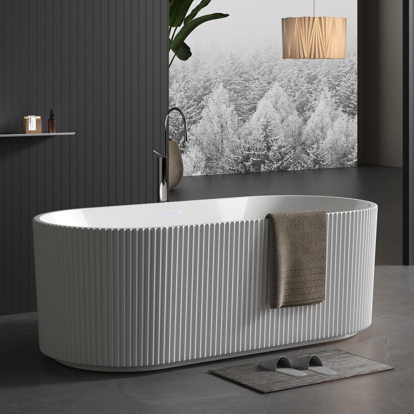 59" Modern V-Shape Freestanding Bathtub - Gloss White Acrylic Soaker with Pleated Design, Chrome Drain & Overflow,Cupc Certified,Gloss White