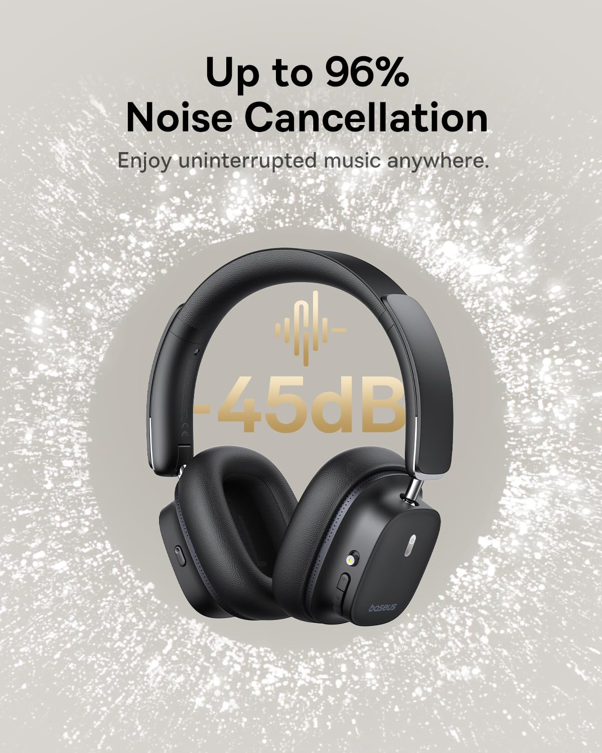 Baseus Bowie 30 Max Active Noise Cancelling Headphones, Head Tracking Spatial Audio, LDAC Hi-Res Wireless Sound, 65H Playtime, Comfort Fit, Clear Calls, App Control, Bluetooth 5.4 Headphones Over Ear