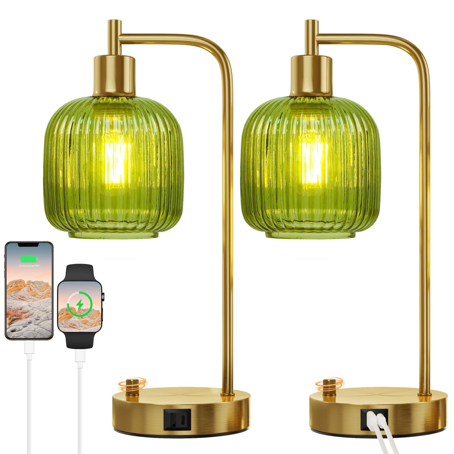 QiMH Table Lamp Set of 2, Gold & Green Glass, USB A&C Ports, Stepless Dimmable, Model STR-DL-0208, Nightstand & Office Decor
