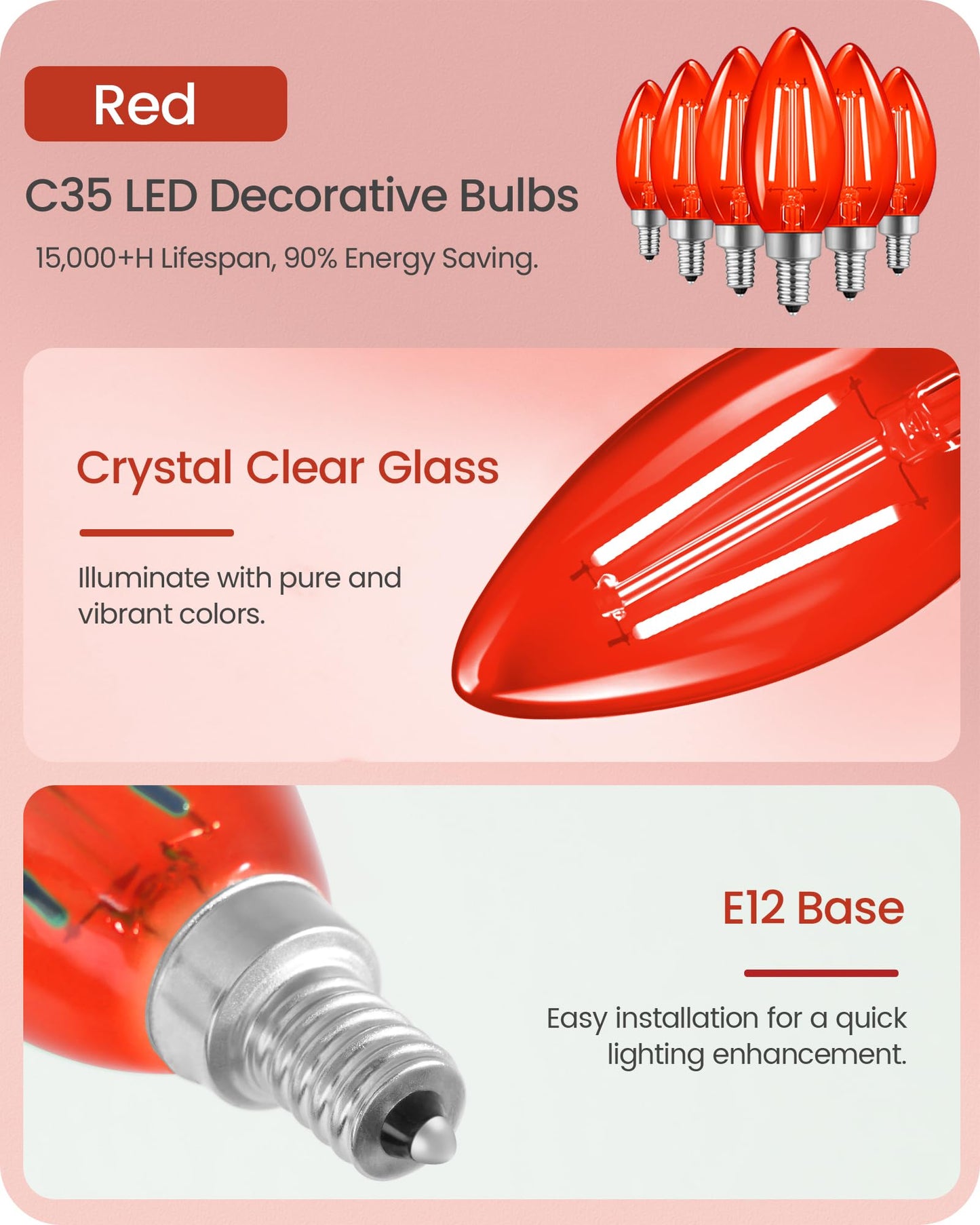 Goebleson Red E12 Led Light Bulbs  C35 5W (60W Equivalent) Glass Dimmable Chandelier Bulbs  Decorative Lighting For Christmas  Halloween  Party  Holiday Decoration  6 Pack R2C3P605