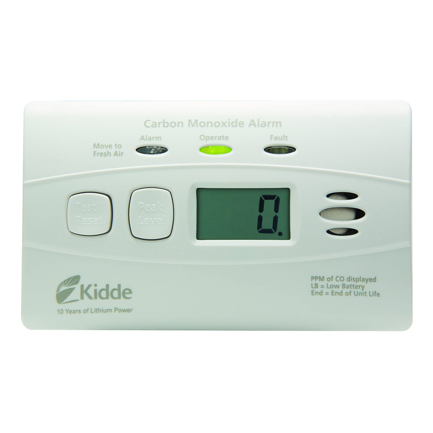 Kidde Carbon Monoxide Detector with 10-Year Battery, Digital Display, 3 LEDs, Replacement Indicator, Peak Level Memory