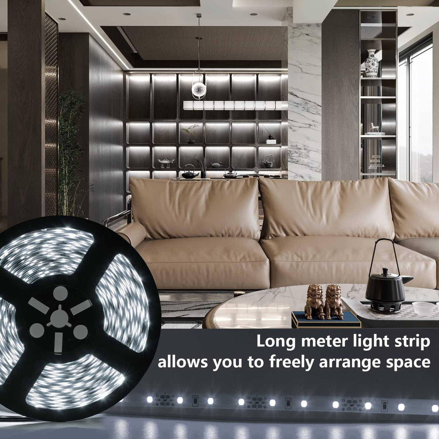 ollrieu LED Strip Lights 6000K Bright White Dimmable 65.6ft 1200 LEDs Flexible Lighting for Kitchen Under Cabinet Bedroom Wardrobe