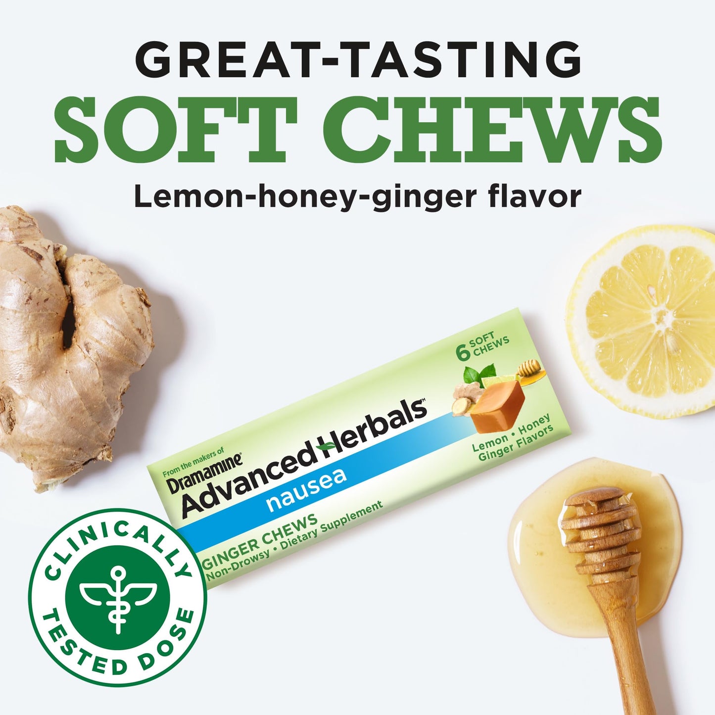From the Makers of Dramamine, Advanced Herbals, Ginger Chews, Nausea Relief Soft Chews Lemon-Honey-Ginger, 6 Count, 12 Pack