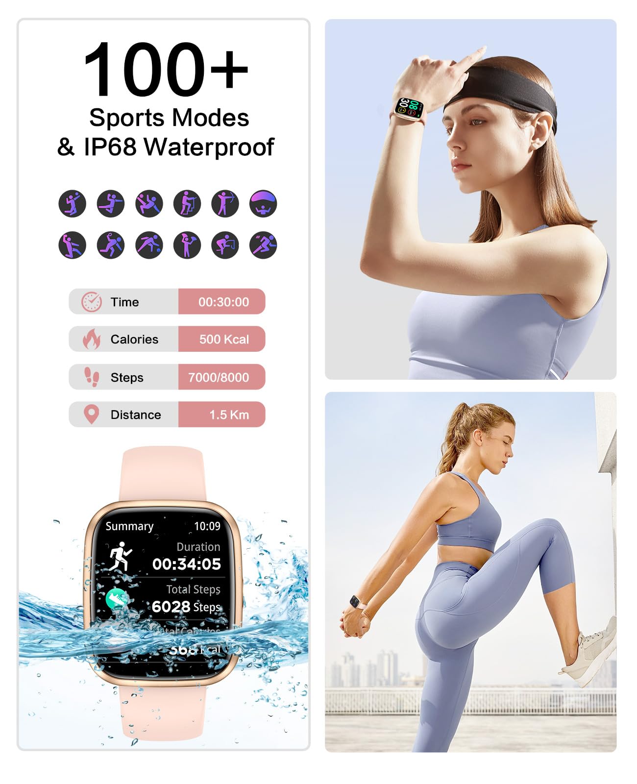 Smart Watches for Women, 1.75" Bluetooth Call, AI Voice Smartwatch, 24/7 Heart Rate Monitor, Blood Pressure/SpO2/Sleep Tracker, IP68 Waterproof, 100+ Sports Fitness Tracker for Android iOS Pink