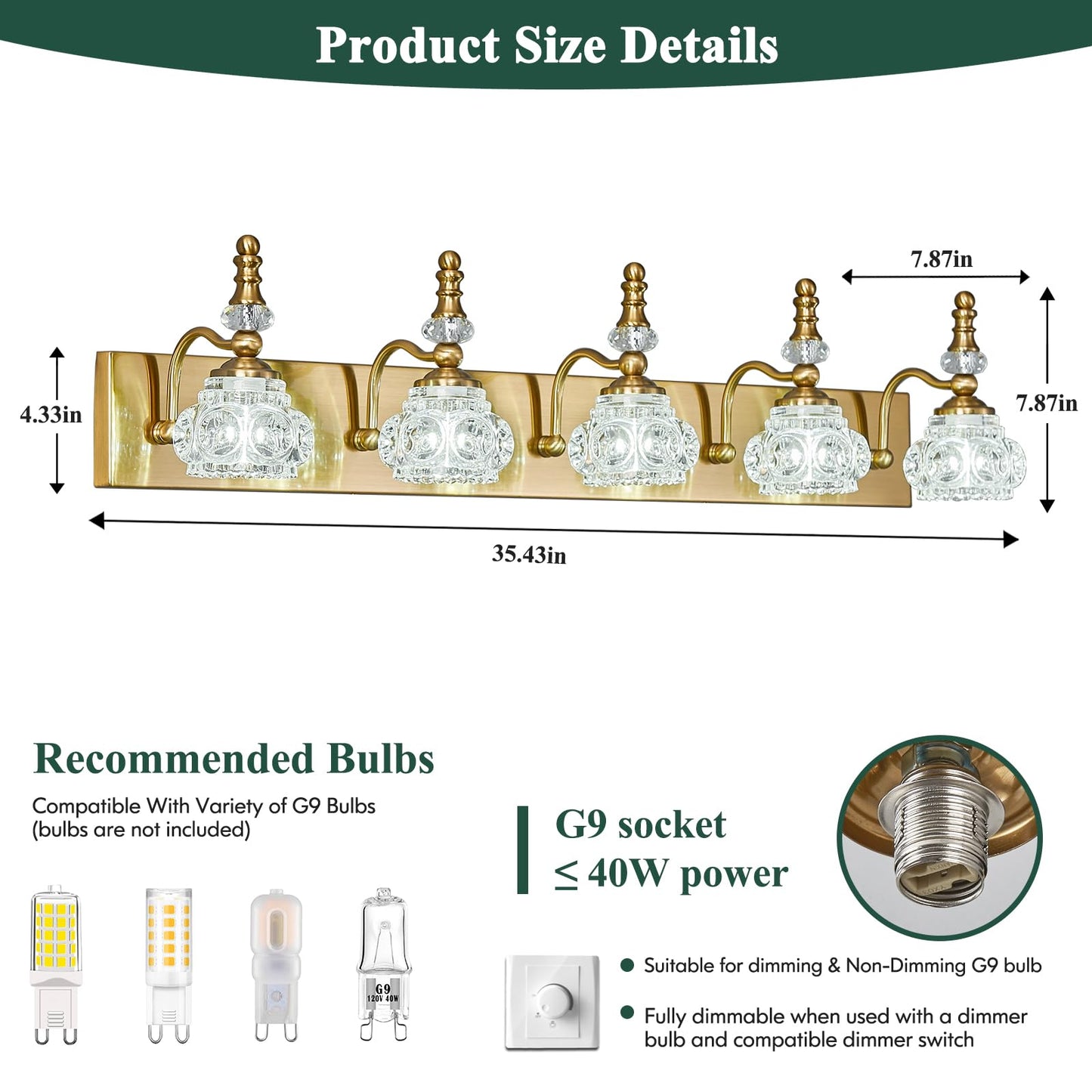 Lbsqj Modern Glass Crystal Vanity Light - Vintage Bathroom Lighting Fixtures Over Mirror  5 Light Vanity Lights G9 Bulb (35.43 Inch  Gold)