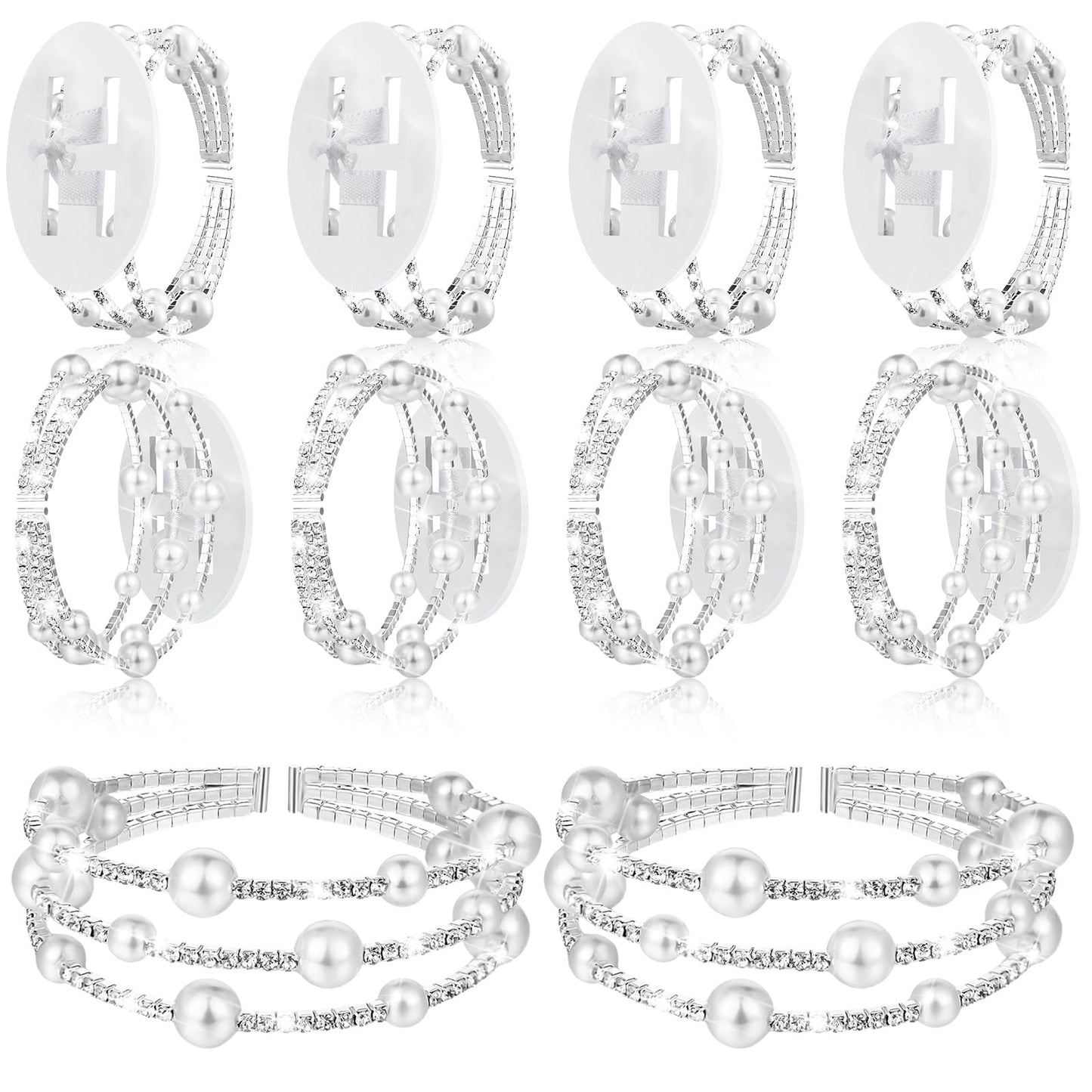 Hotop 8 Pcs Corsage Wrist Bracelet Bands Bride Pearl Rhinestone Bracelet Elastic Wrist Corsage DIY Wedding Wristband Faux Pearl