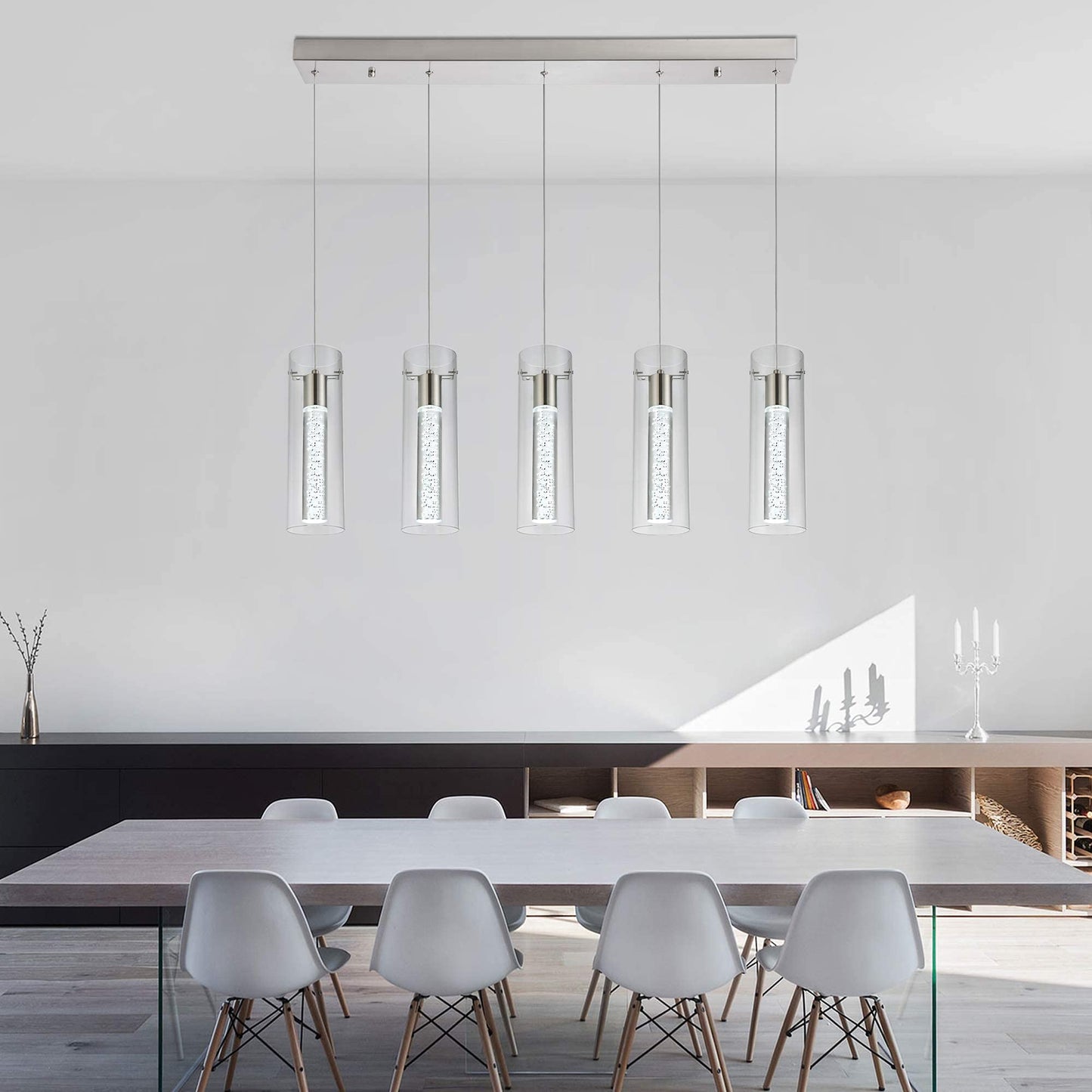 votag 5-Light LED Pendant Light Fixture Brushed Nickel Metal for Kitchen Island, Model PI-0172