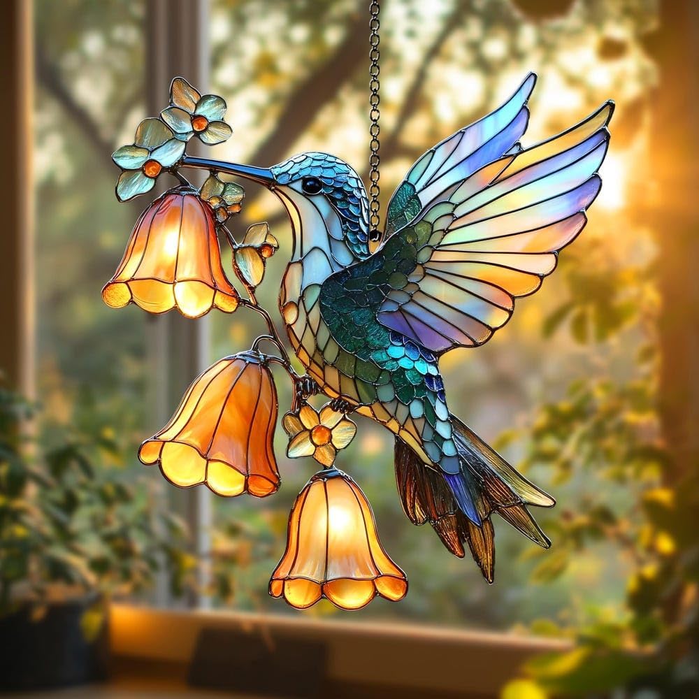 Hummingbird Flower Acrylic Suncatcher Bird Window Hanging Gift for Hummingbird Lover Garden Decor Plant Mom Gift for Mom Grandma