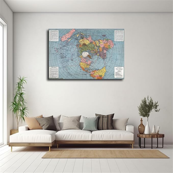 Flat Earth Map of The World Model - 1943 Polar Azimuthal Equidistant Projection Map Art Poster Room Aesthetic Wall Art Canvas Decoration Home Decor Gifts (24×32inch Framed)