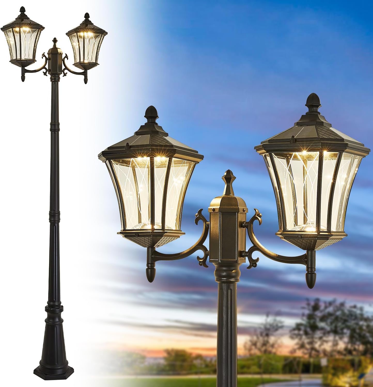 Outdoor Solar Lamp Post Lights with Dusk to Dawn Sensor, Waterproof 2-Head Large Lantern Street Lights, Modern Solar Column Pole Light Fixtures for Outside, Garden, Driveway, Backyard, Black