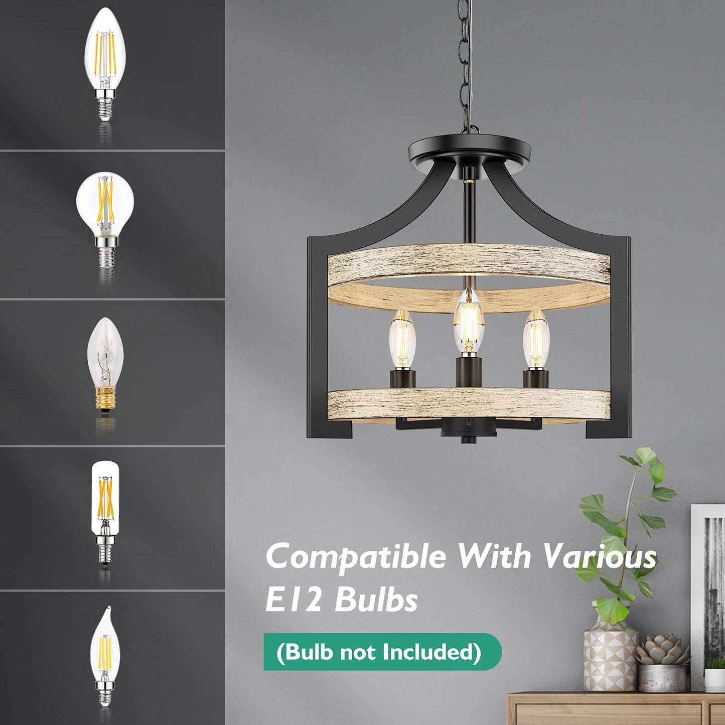Beslowe 3-Light Rustic Farmhouse Pendant Light, Adjustable Height 68In, Black Metal Chandelier With White Birch Wood Finish