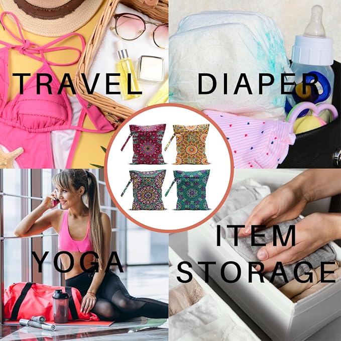4 Pack Boho Mandala Floral Lover Gift Wet Bag Waterproof Washable Reusable Wet Dry Bag for Swimsuit Clothes Cloth Diaper Travel Pool Yoga Toiletries Gift for Women Sister Bestie Birthday Christmas