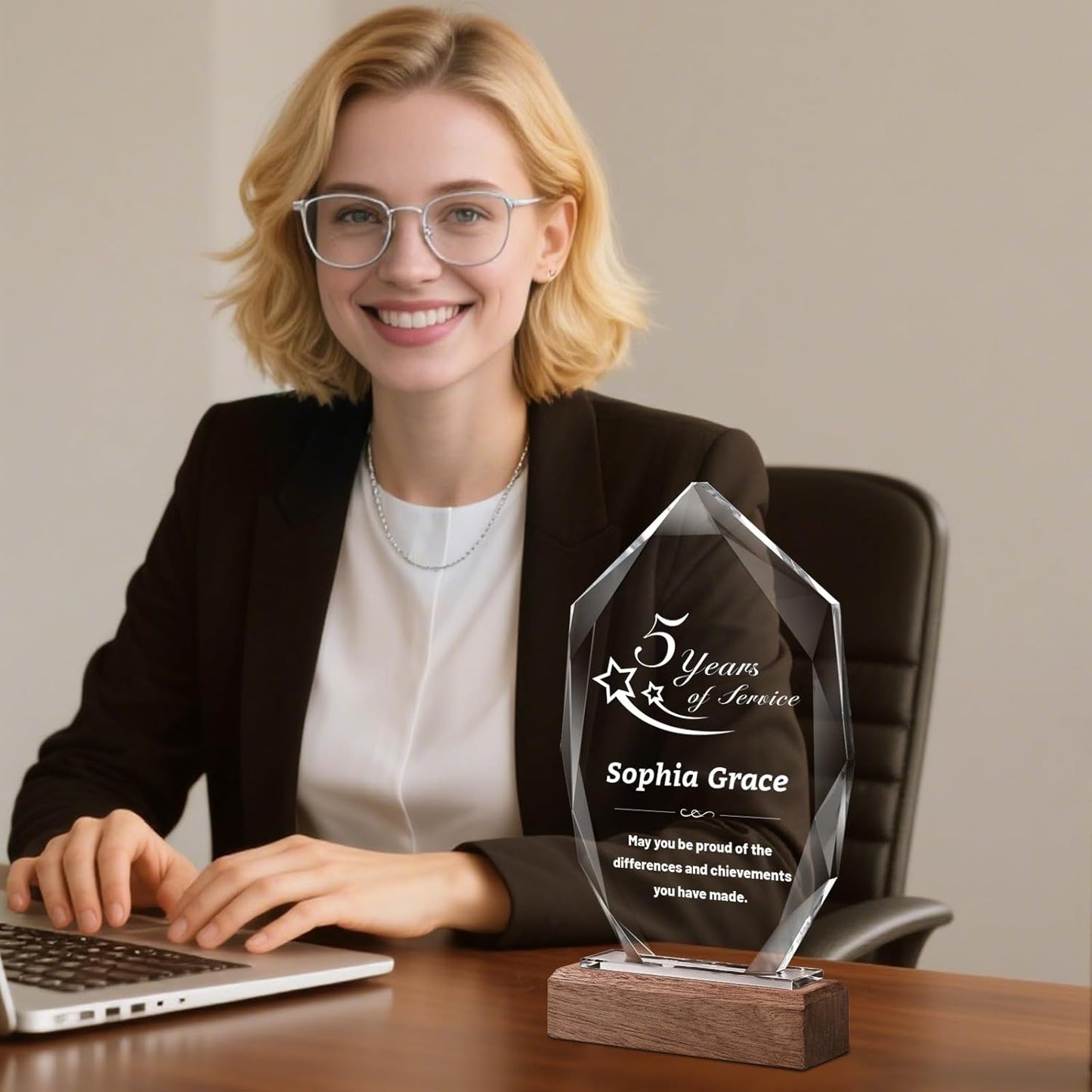 Custom Crystal Trophy Award with Wood Base, Custom Plaque Personalized Engraved with LOGO Text, Employee Appreciation Gift, Retirement Gift for Employee Coworker, Sports Recognition Trophies