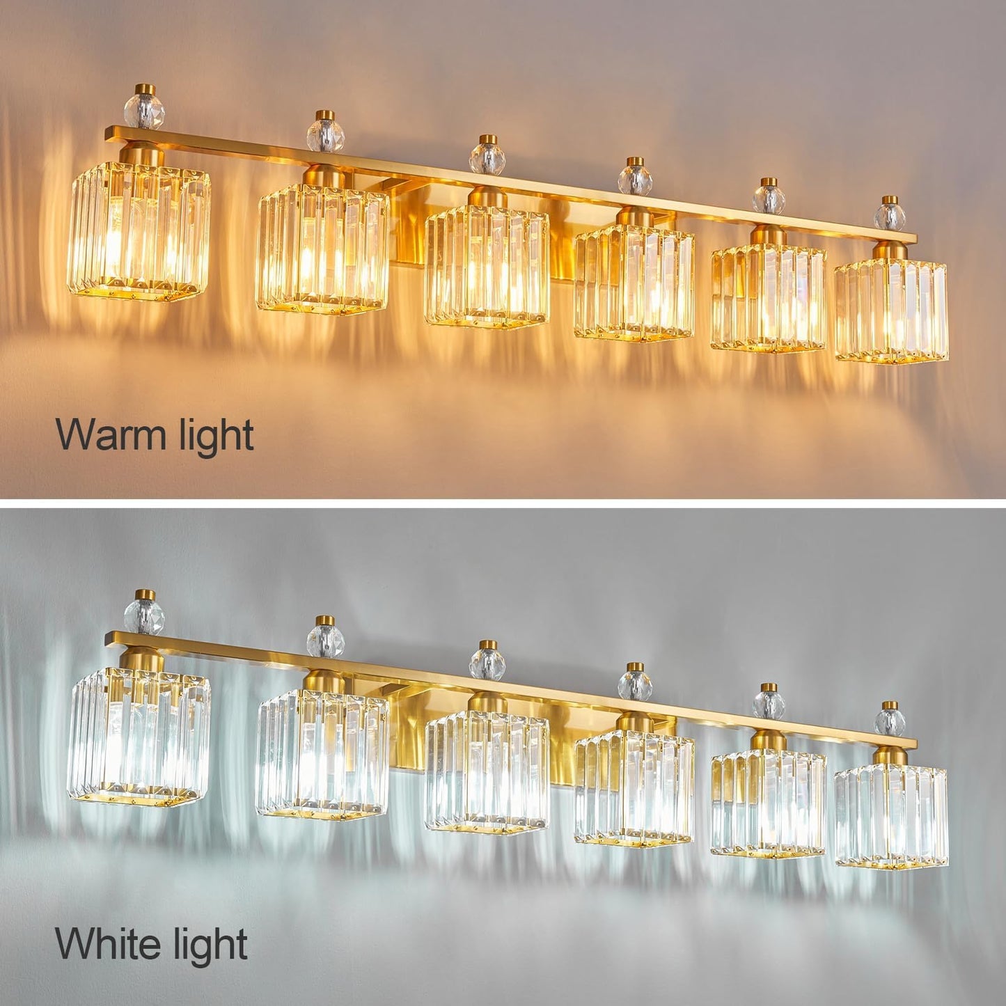 Fdpby 6-Light Modern Crystal Vanity Light - Gold Metal Bathroom Fixture, Model 290