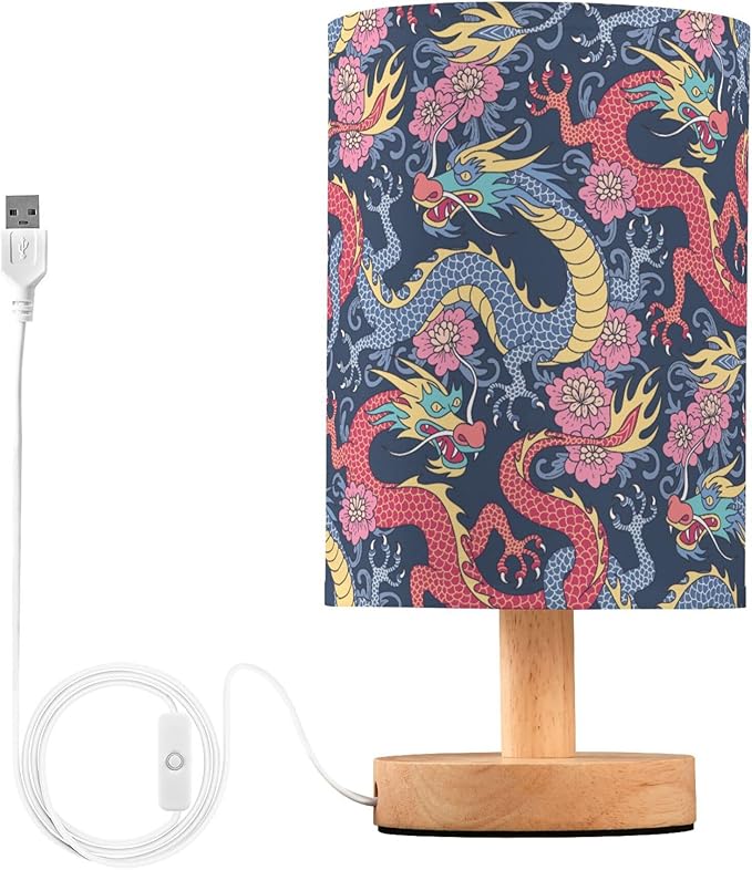 Table Lamp Chinese Dragon Fight in Flower Pattern on Dark Blue Nightstand Lamp with Wood Base Fabric Lamp Shade Bedside Desk Lamp for Living Room Bedroom Kids Room Office