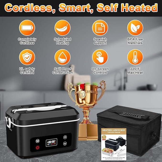 Cordless Electric Heated Lunch Box,Pro 24000mah Heated Lunch Box,Battery Powered, 1.2L Portable Food Heater-3D-5 Side Heating-Intelligent Temperature Control,Suitable For Trucks,Offices,Travel