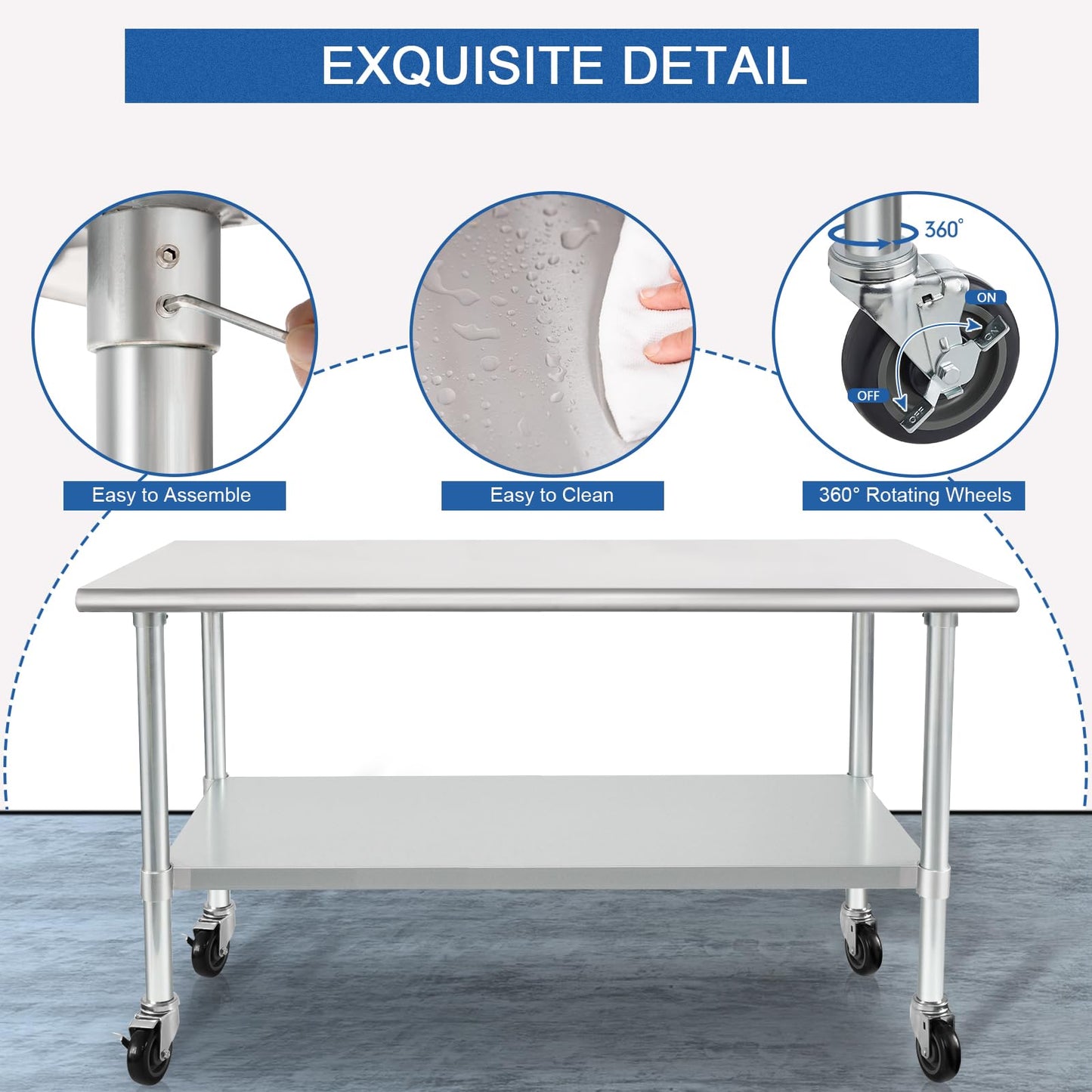 HARDURA Stainless Steel Table with Wheels 24 x 72 Inches Casters NSF Heavy Duty Commercial Work & Prep Table with Undershelf and Galvanized Legs for Restaurant Kitchen Bar and Hotel Garage