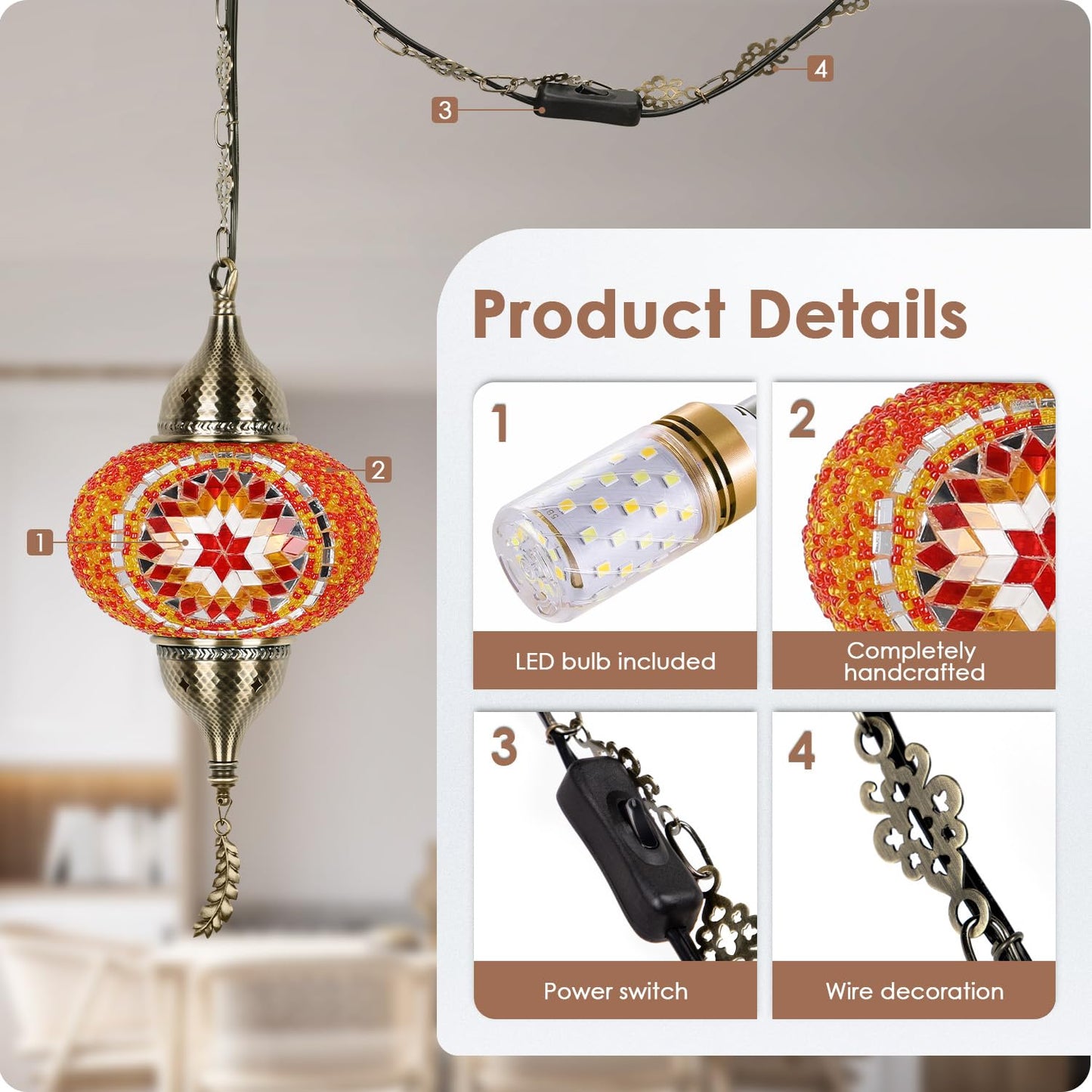 Yarra-Decor Turkish Moroccan Pendant Light - Tiffany Style Mosaic Ceiling Lamp For Bedroom, Living Room - 15-Foot Cord, Red1, Model Ptr-1A-Red1