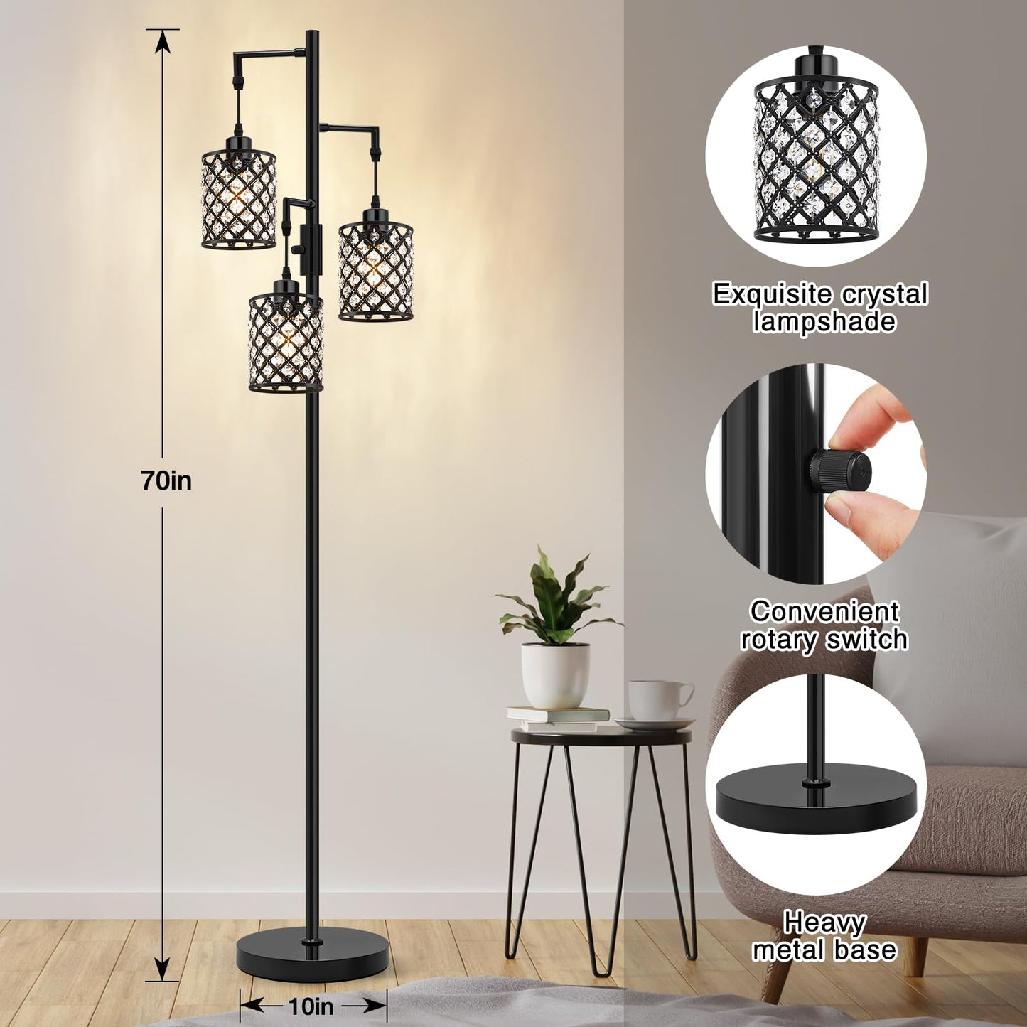 GyroVu 3-Light Floor Lamp with K9 Crystal Shade, Black Metal, Model G-1FL-1769C, Modern Design for Living Room and Home Office